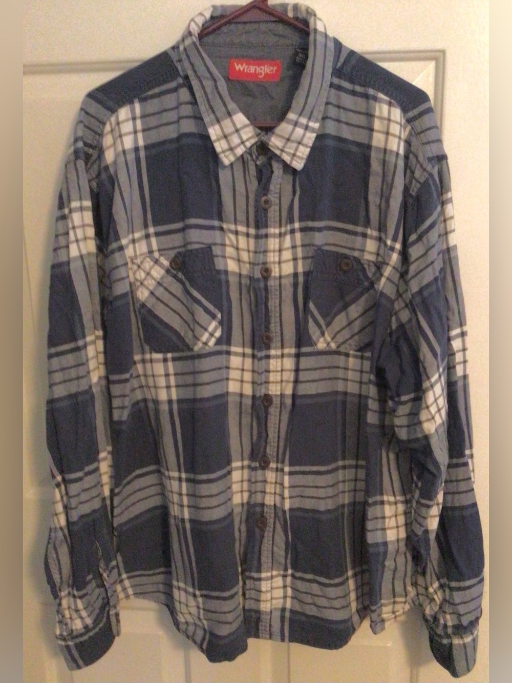 Vintage Wrangler Plaid Shirt Men 3XL Blue/White Long Sleeve Button Pocket Cotton